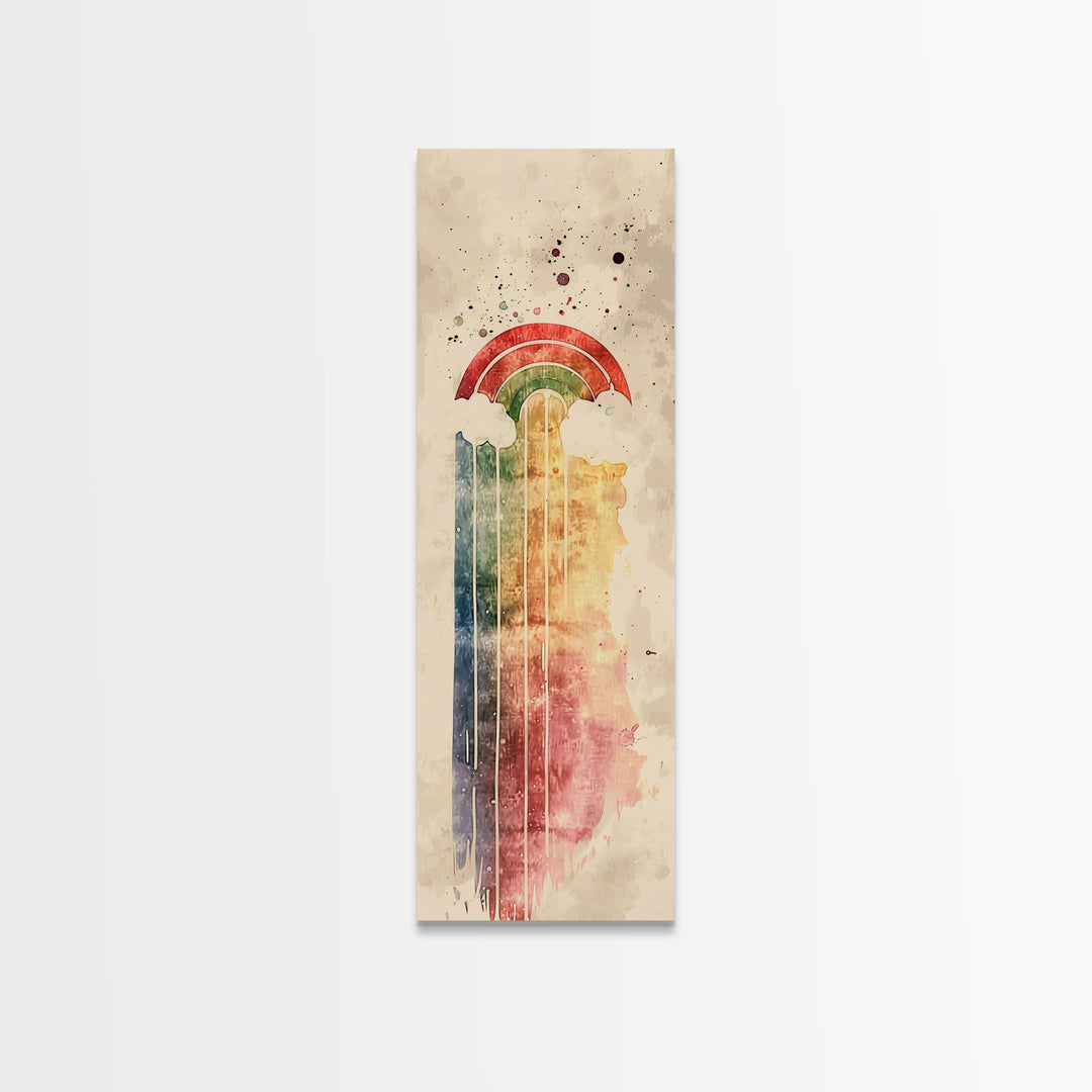 Vintage-Inspired Rainbow Waterfall Ukiyo-e Art Skinny Framed Canvas Print in Neutral Tones