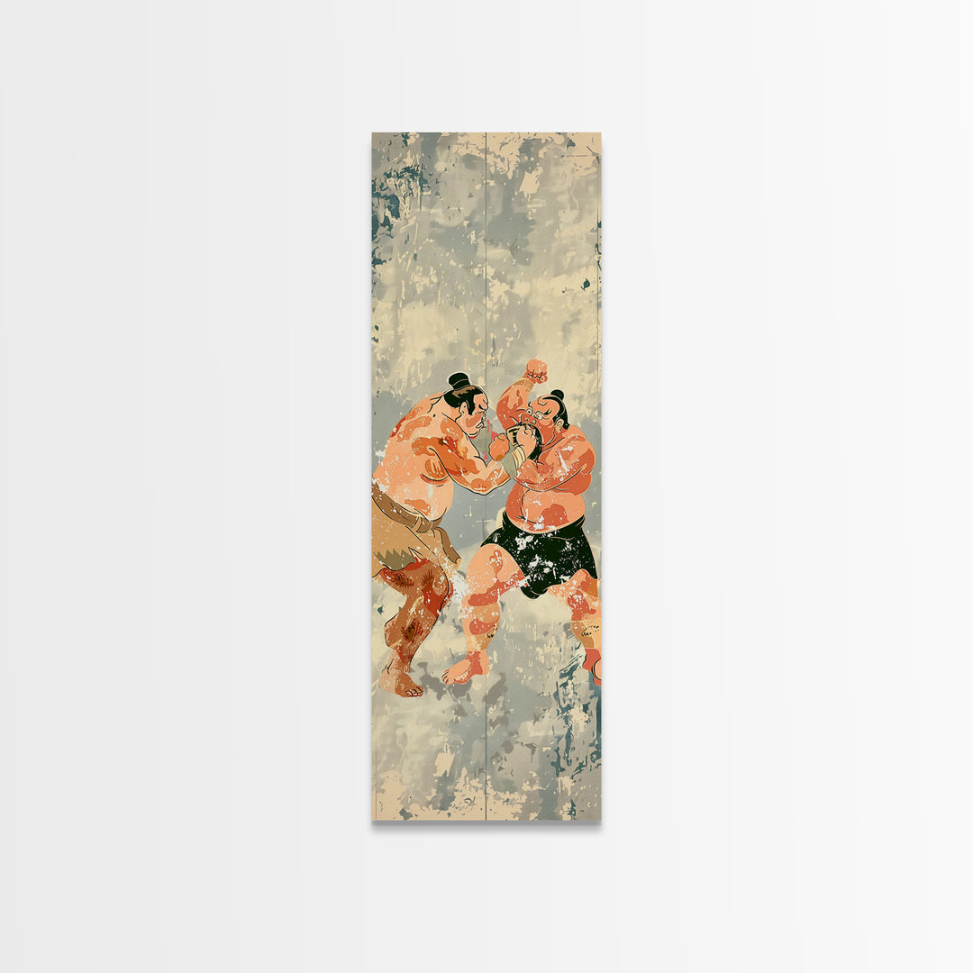 Sumo Wrestlers in Action Skinny Ukiyo-e Art Tall Framed Canvas Print with Japanese Cultural Heritage