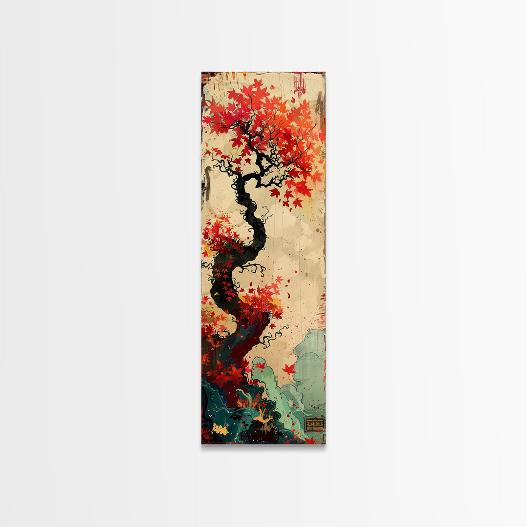 Twisted Tree with Red Maple Leaves Skinny Art Ukiyo-e Japanese Framed Canvas Print in Autumn Colors