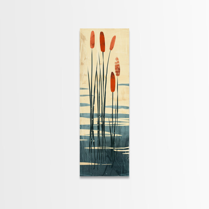 Skinny Art Tall Art Framed Canvas Print Minimalist Cattail Plants With Abstract Lines And Earthy Tones Ukiyo-e Japanese Style Art