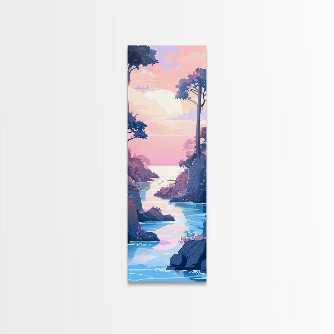 Skinny Art Tall Art Framed Canvas Print Serene Coastal Landscape At Dusk With Soft Pastel Colors Ukiyo-e Japanese Style Art