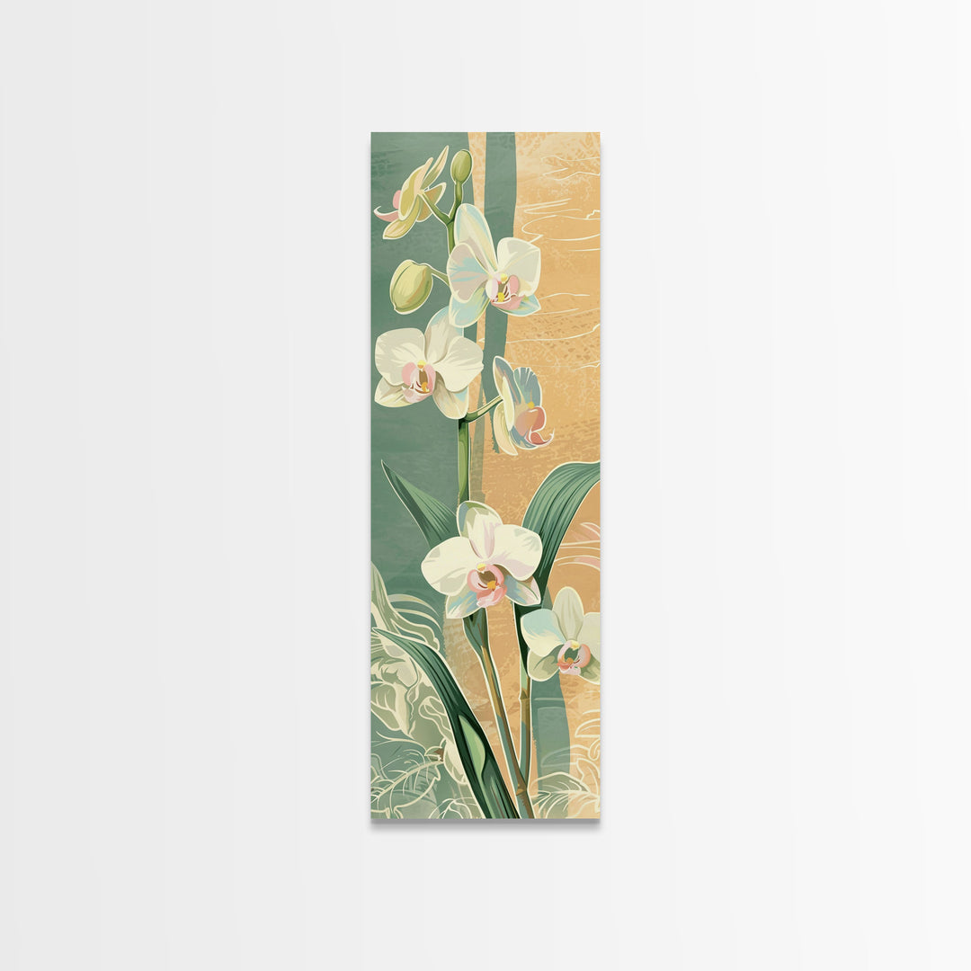 Skinny Art Tall Art Framed Canvas Print Orchids In Delicate Tones With Subtle Background Elements Ukiyo-e Japanese Style Art Wood Block Print