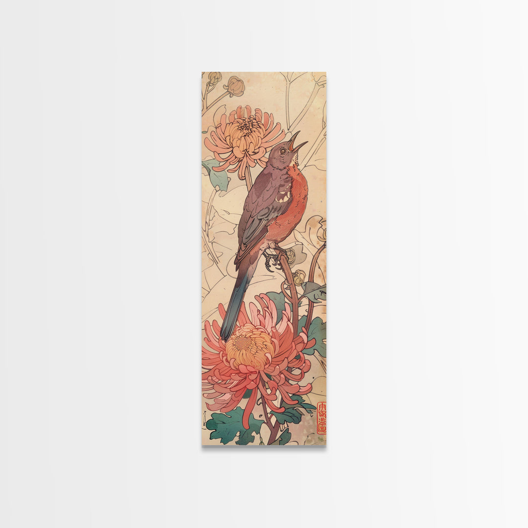 Singing Bird Amid Chrysanthemums Soft Pastels Skinny Art Tall Art Framed Canvas Print Japanese Style Art Ukiyo-e Art Wood Block Print Floral