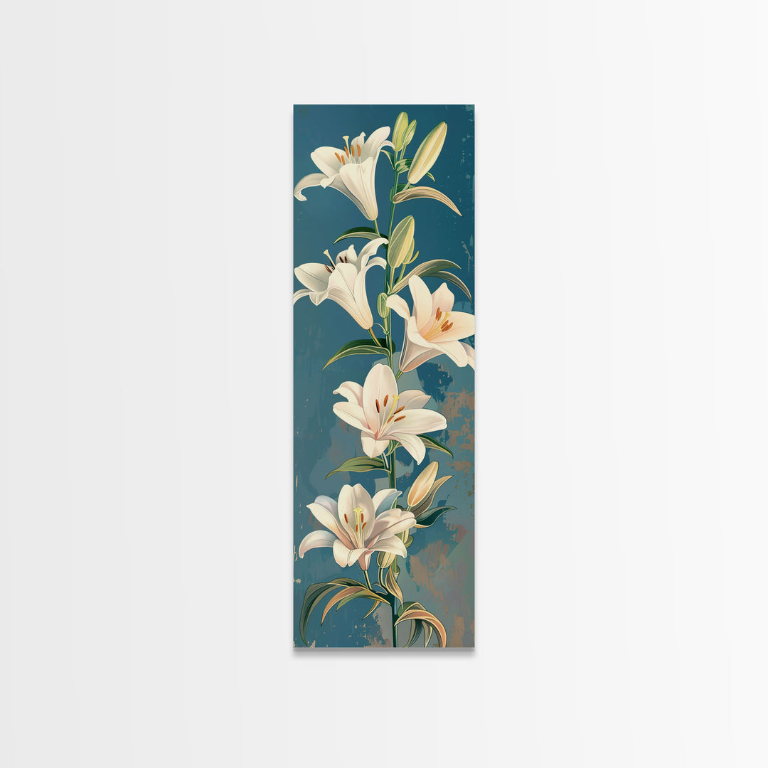 White Lilies On Green Stems Against Faded Blue Background Tall Art Skinny Art Framed Canvas Print Japanese Style Art Ukiyo-e Wood Block Print