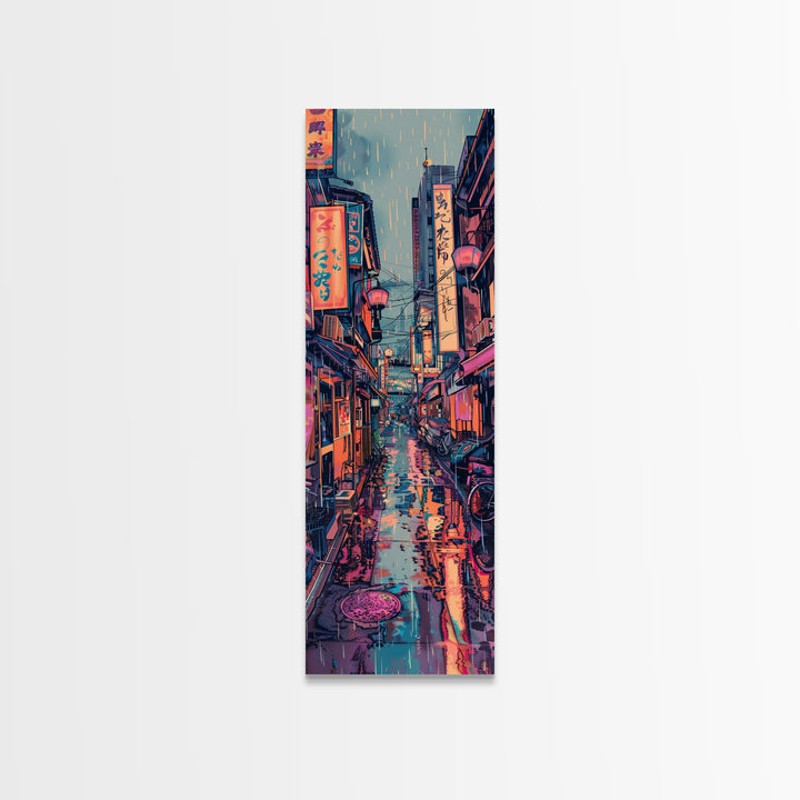 Vibrant Cityscape With Colorful Street Signs Skinny Art Tall Art Framed Canvas Print Japanese Style Art Ukiyo-e Art Wood Block Print Urban Energetic