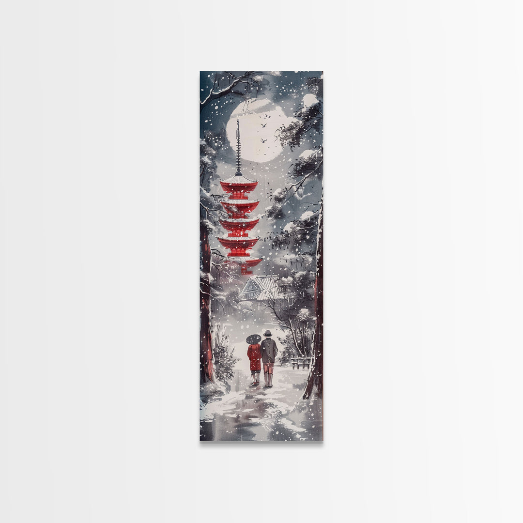 Snowy Pathway Leading To Red Pagoda Skinny Art Tall Art Framed Canvas Print Japanese Style Art Ukiyo-e Art Wood Block Print Seasonal Tranquil