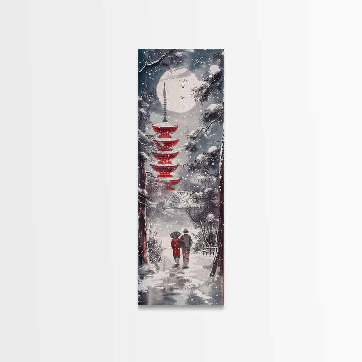 Snowy Pathway Leading To Red Pagoda Skinny Art Tall Art Framed Canvas Print Japanese Style Art Ukiyo-e Art Wood Block Print Seasonal Tranquil