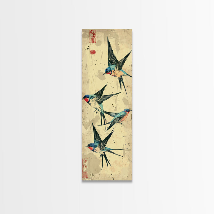 Trio Of Swallows In Flight Against A Vintage Beige Background, Skinny Art Tall Wall Art Framed Canvas Print Japanese Style Art