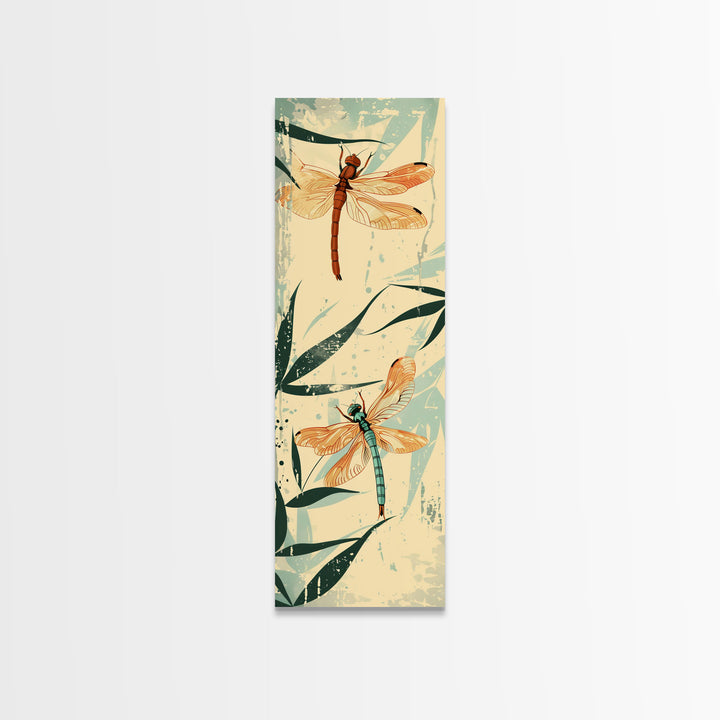 Two Dragonflies With Detailed Wings Hovering Near Bamboo, Skinny Art Tall Wall Art Framed Canvas Print Japanese Style Art