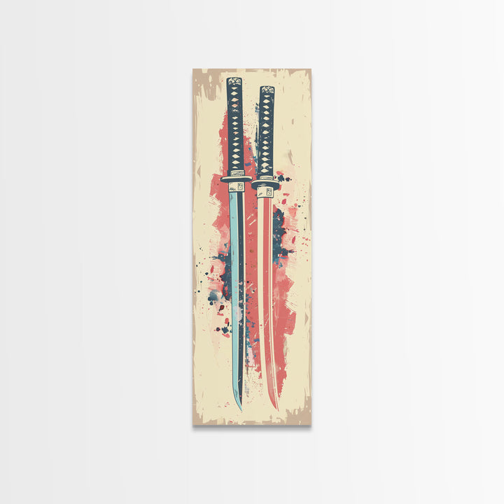 Abstract Samurai Swords Framed Canvas Print Ukiyo-e Art Japanese Style Tall Art Skinny Art Wood Block Print