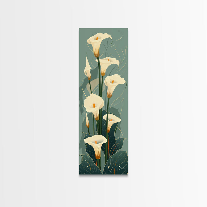 White Calla Lilies on Green Background, Tall Framed Canvas Print in Japanese Ukiyo-e Style Wall Art