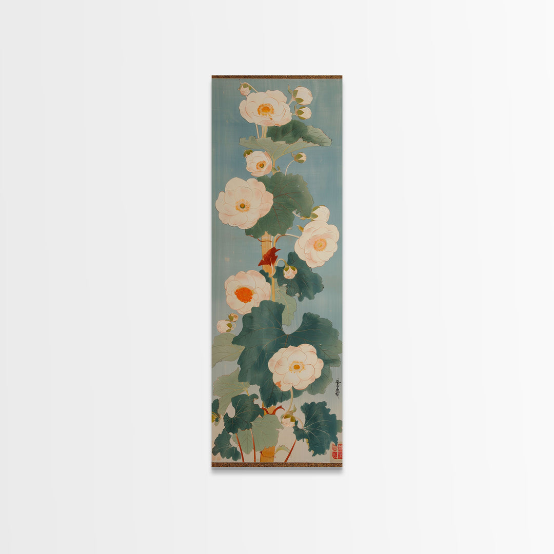 Tall White Blooms with Large Leaves on Blue Background, Framed Canvas Print in Japanese Art Style