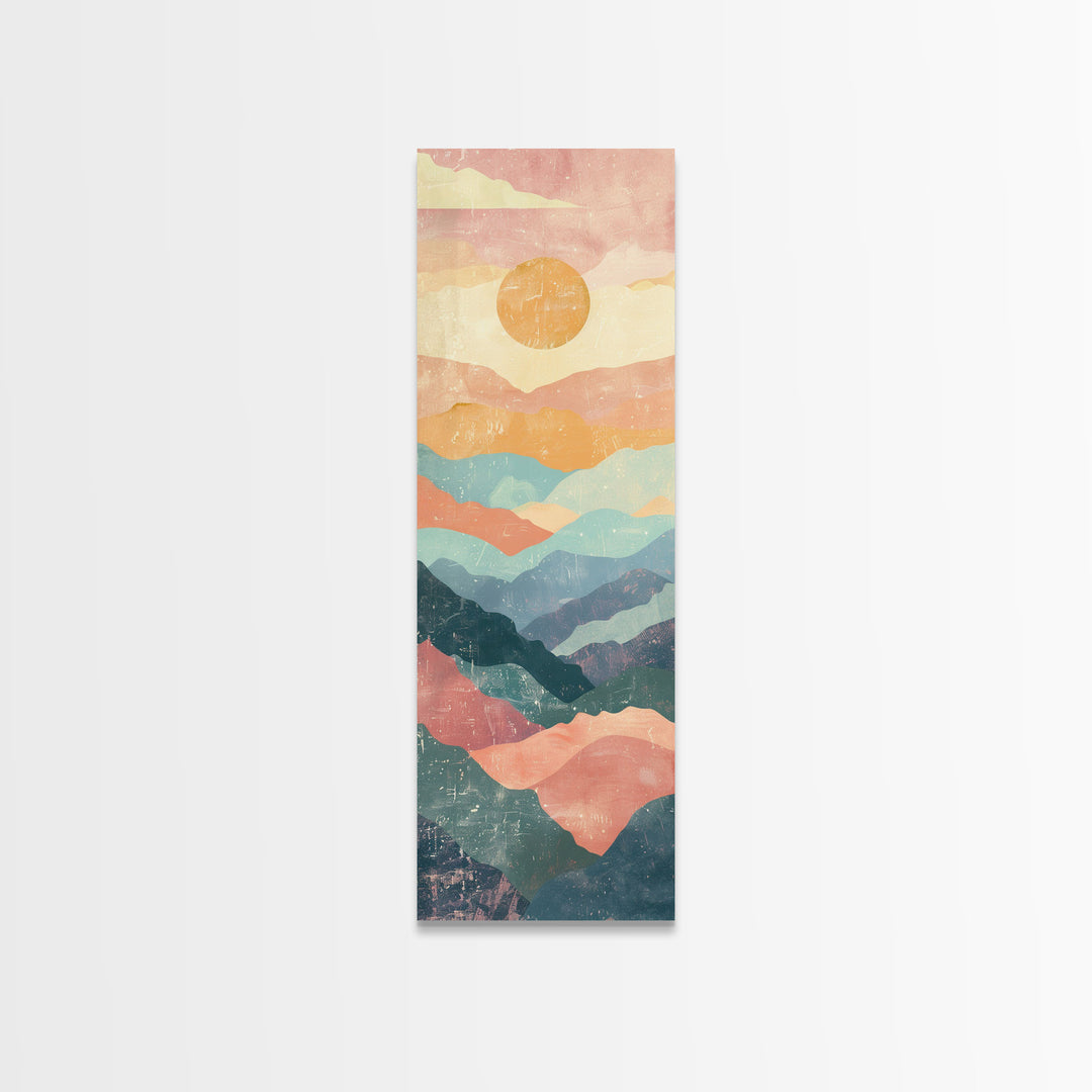 Abstract Sunset Over Rolling Hills, Japanese Art-Inspired Tall Framed Canvas Print for Wall Art