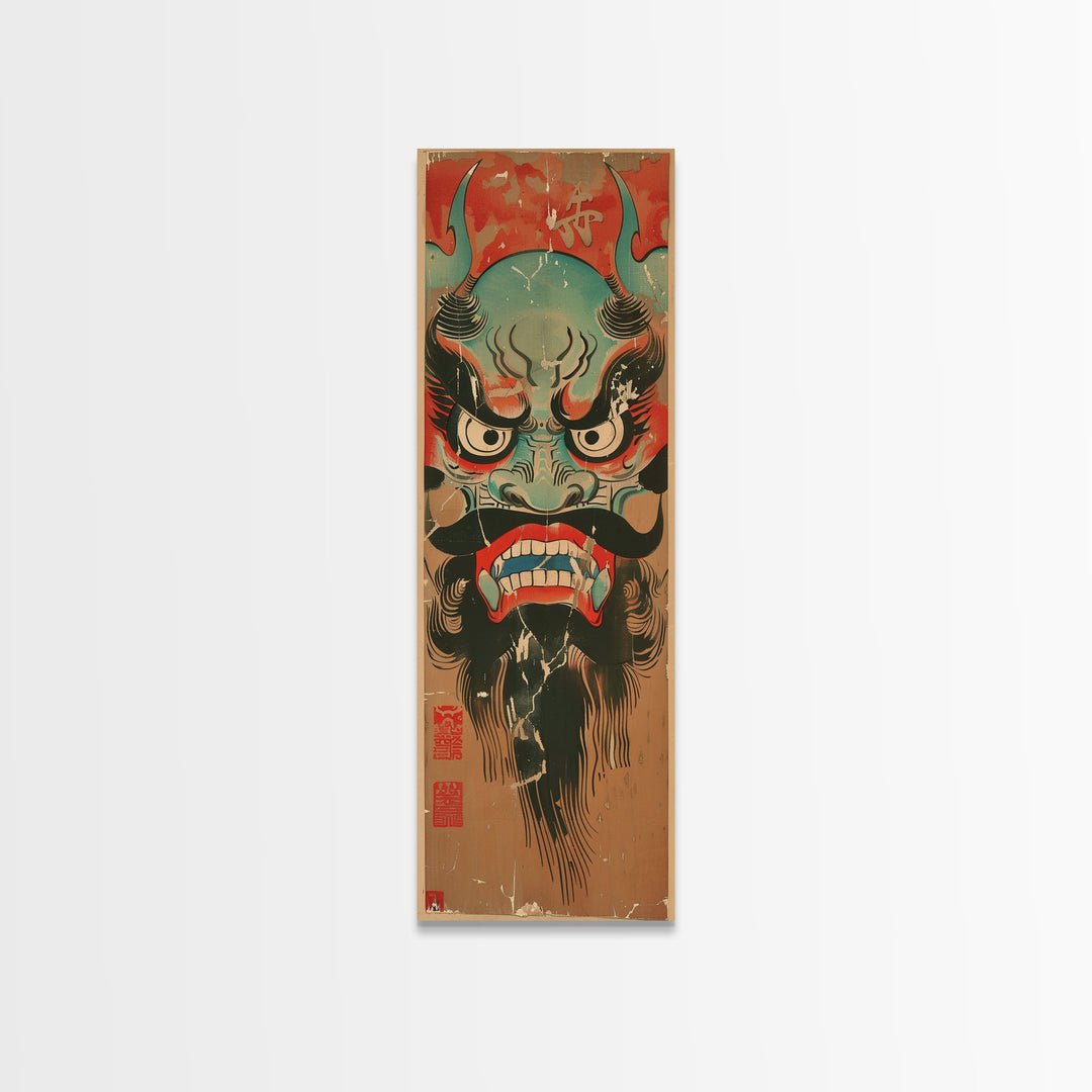 Traditional Japanese Demon Mask Art In Ukiyo-e Style Framed Canvas Print Tall Skinny Cultural Wood Block Wall Decor