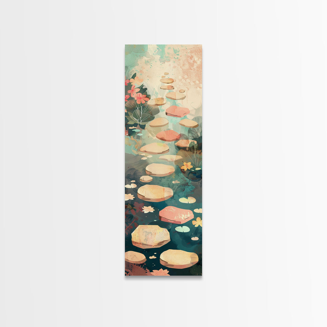 Stepping Stones In Japanese Garden Tranquil Path Art On Framed Canvas Print In Ukiyo-e Style Tall Skinny Wood Block Wall Decor