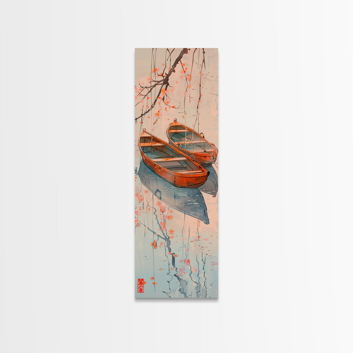 Two Wooden Boats Water Cherry Blossoms Reflected Japanese Style Tall Wall Art Skinny Framed Canvas Print