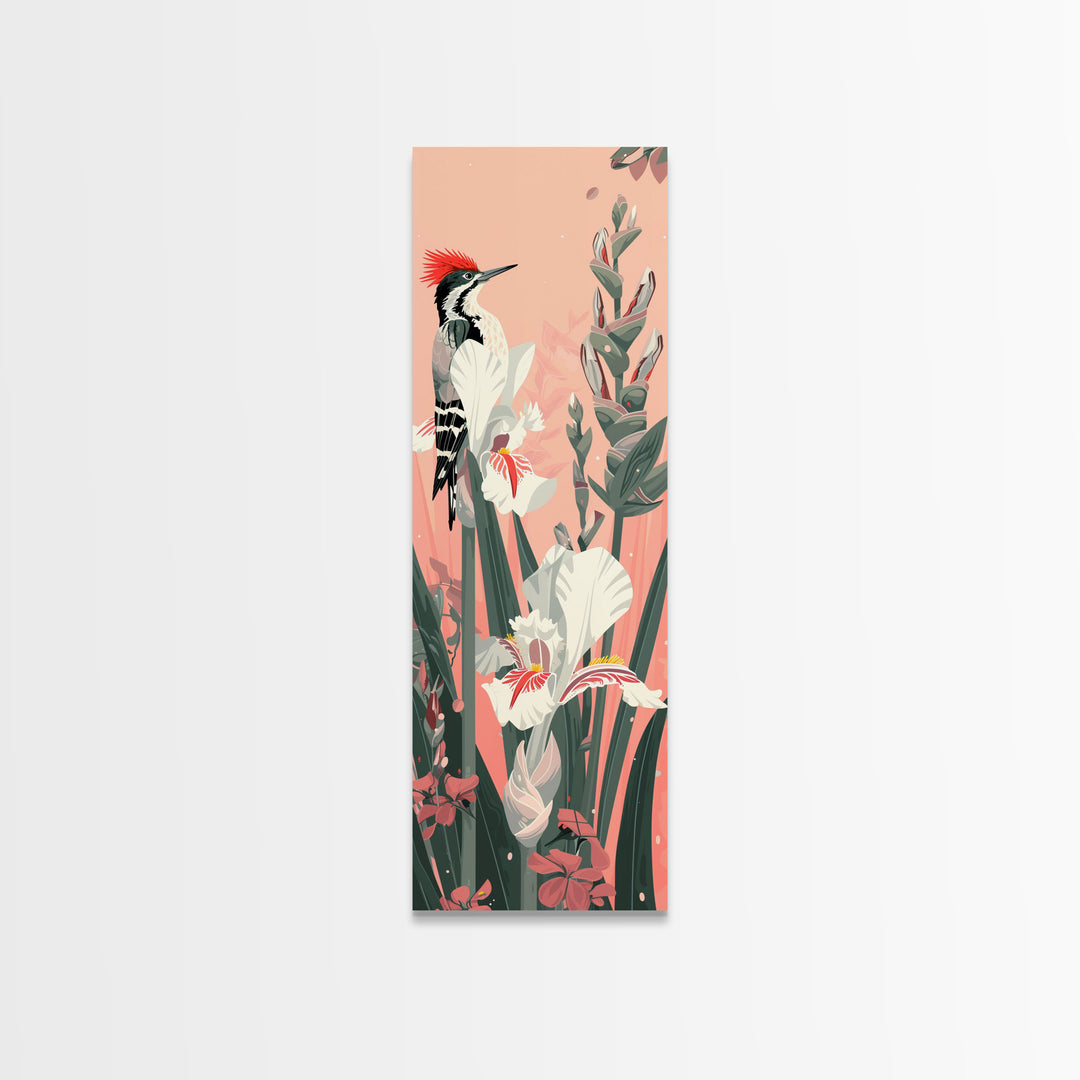 Woodpecker Perched on Stalks of Flowers against a Soft Pink Background Ukiyo-e Art Japanese Framed Canvas Print Skinny Tall Art