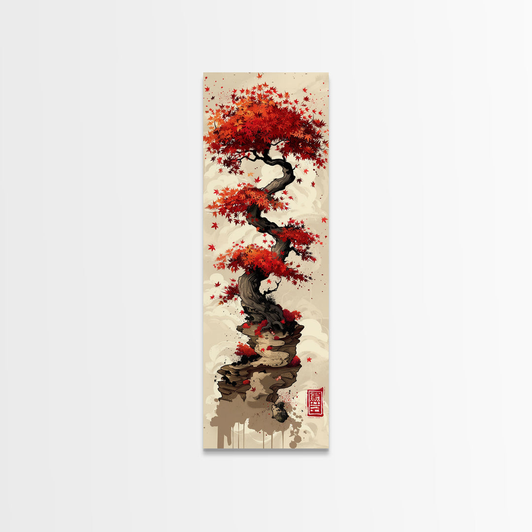 Vibrant Red Maple Tree with Twisting Branches on a Beige Background Ukiyo-e Art Japanese Framed Canvas Print Skinny Tall Art