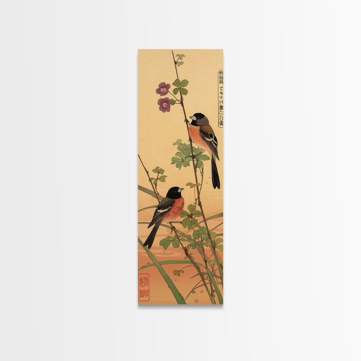 Tall Art, Skinny Art, Japanese Style Art, Birds On Branches Wood Block Print Framed Canvas Print Ukiyo-e Art