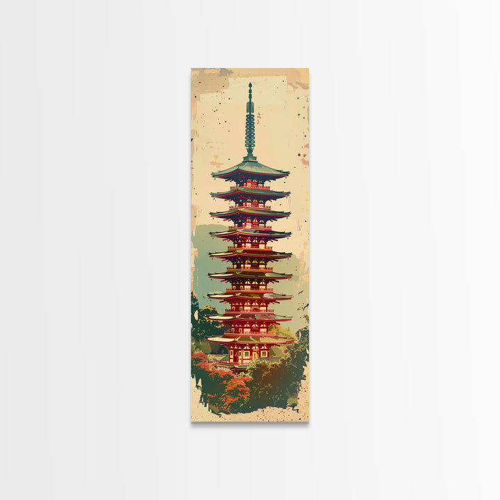 Tall Art, Skinny Art, Japanese Style Art, Pagoda Tower Wood Block Print Framed Canvas Print Ukiyo-e Art