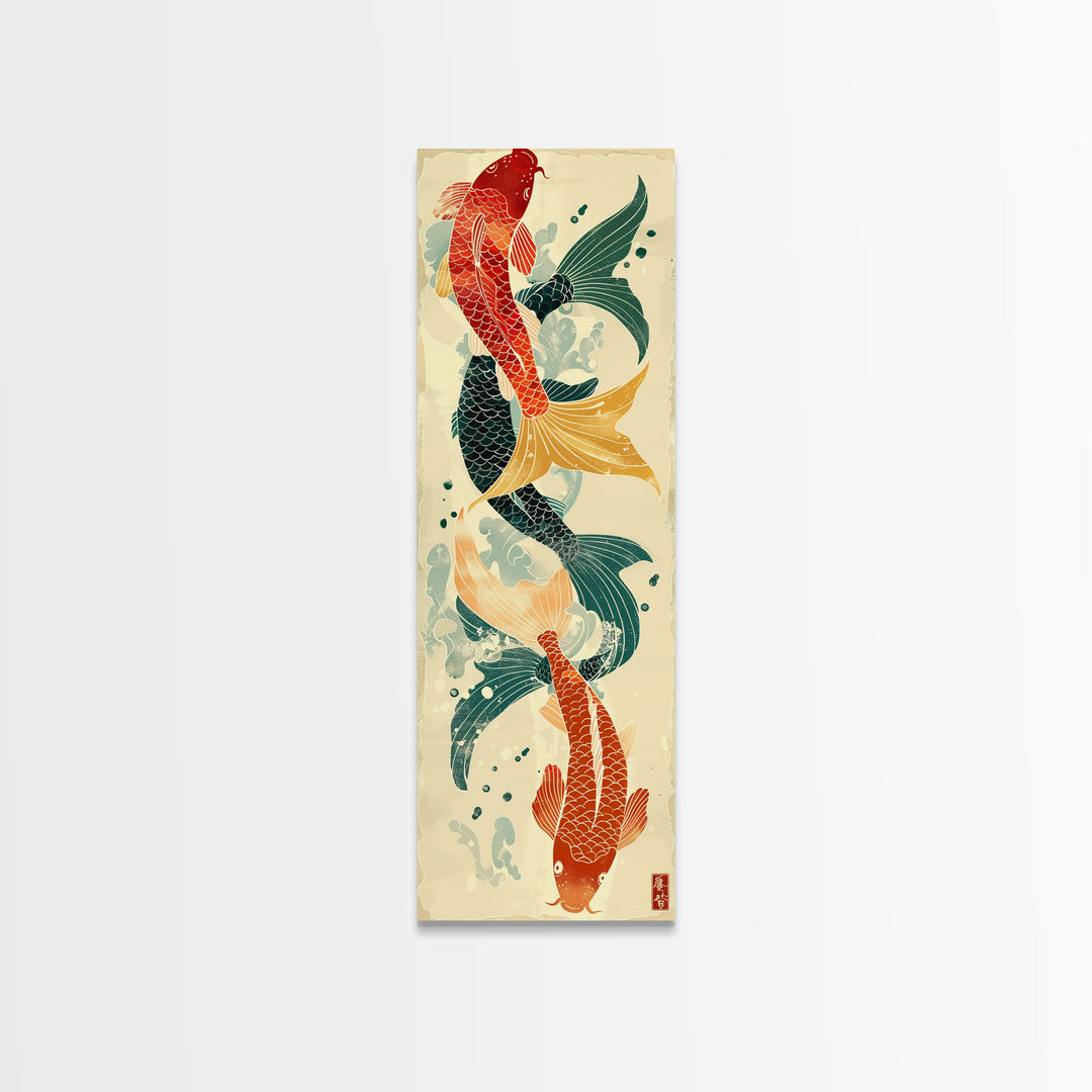 Ukiyo-e Art Of Two Koi Fish Intertwined In A Harmonious Composition, Skinny Art, Tall Art, Japanese Style Art, Wood Block Print, Framed Canvas Print