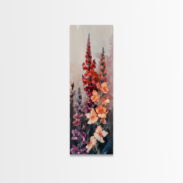 Wood Block Print Featuring Vibrant Gladiolus Flowers In A Dynamic Arrangement, Skinny Art, Tall Art, Japanese Style Art, Ukiyo-e Art, Framed Canvas Print