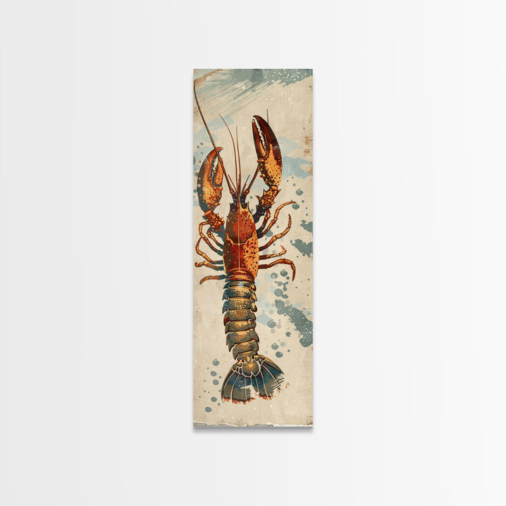 Ukiyo-e Art Of A Boldly Colored Lobster With Intricate Details, Skinny Art, Tall Art, Japanese Style Art, Framed Canvas Print, Wood Block Print