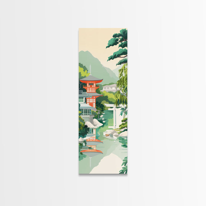 Skinny Art Tall Art Tranquil Japanese Garden Wood Block Print Japanese Style Art With Pagoda Reflected In Water Framed Canvas Print