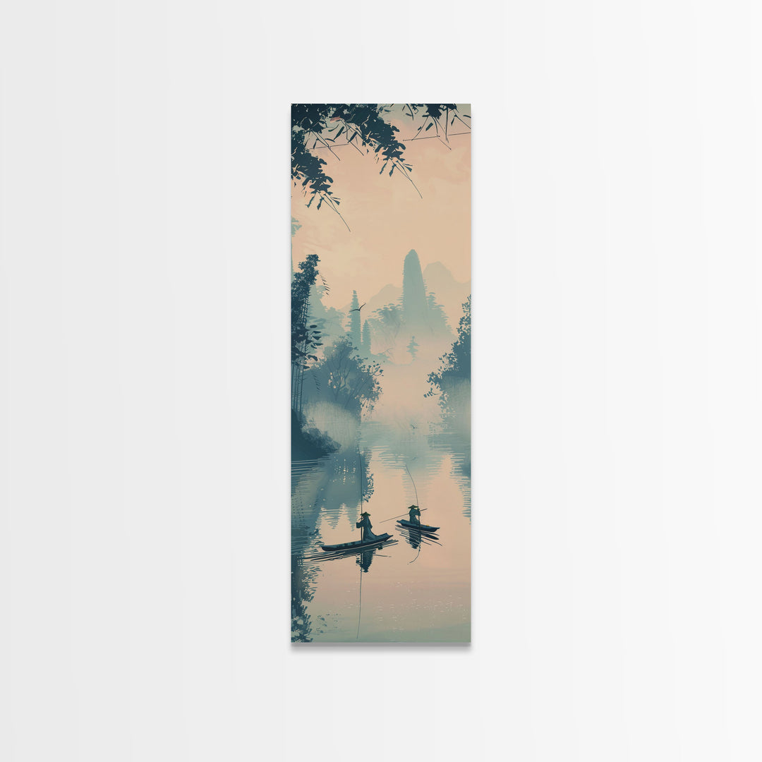 Tranquil Fishermen In Early Morning Misty Lake Scene Ukiyo-e Wood Block Skinny Tall Framed Canvas Print Japanese Style Art