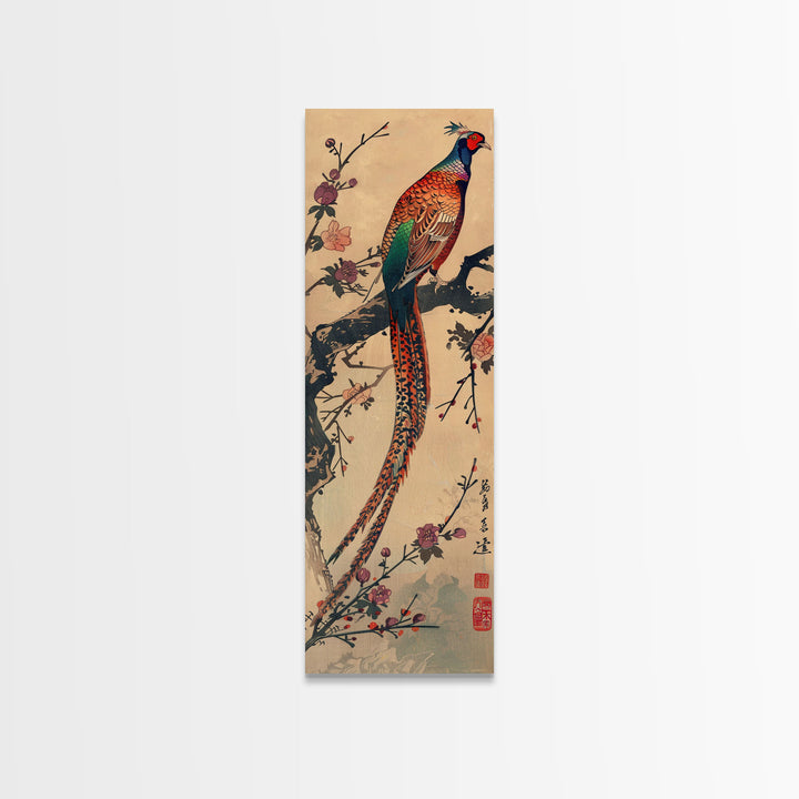 Vibrant Pheasant Perched On Flowering Branch For Traditional Japanese Art Wall Decor Framed Canvas Print