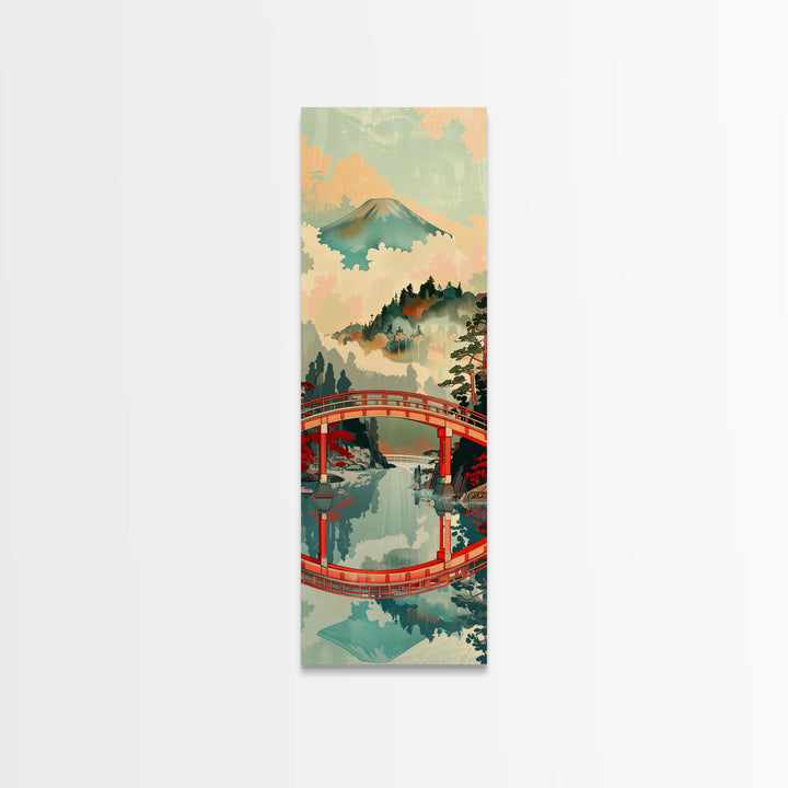 Stunning Mount Fuji With Red Bridge Reflection, Skinny Tall Framed Canvas Print, Feng Shui-Inspired Japanese Style Art For Wall Art