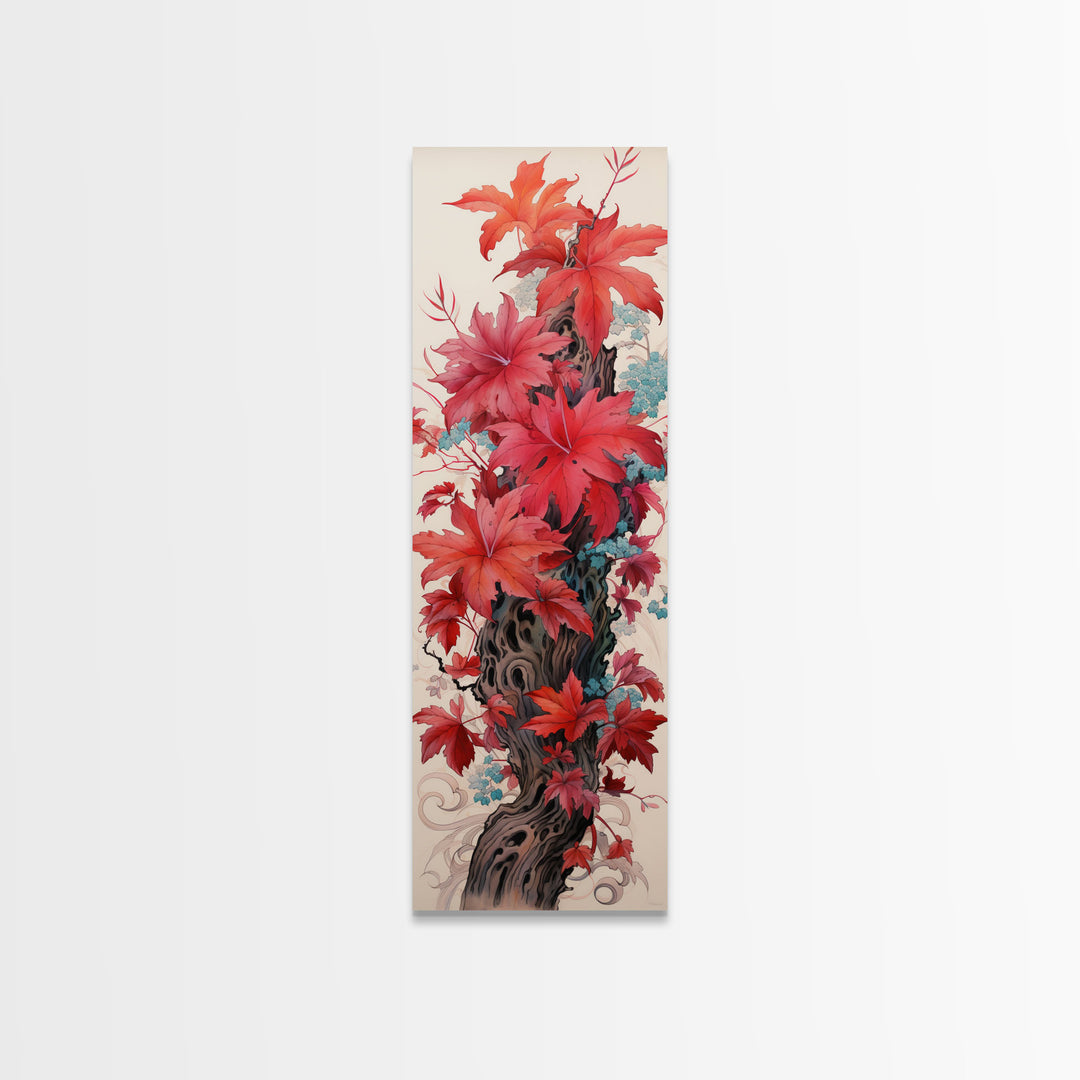 Vibrant Red Leaves On A Gnarled Tree Trunk, Tall Skinny Canvas Print For Feng Shui Decor, Japanese Style Wall Art