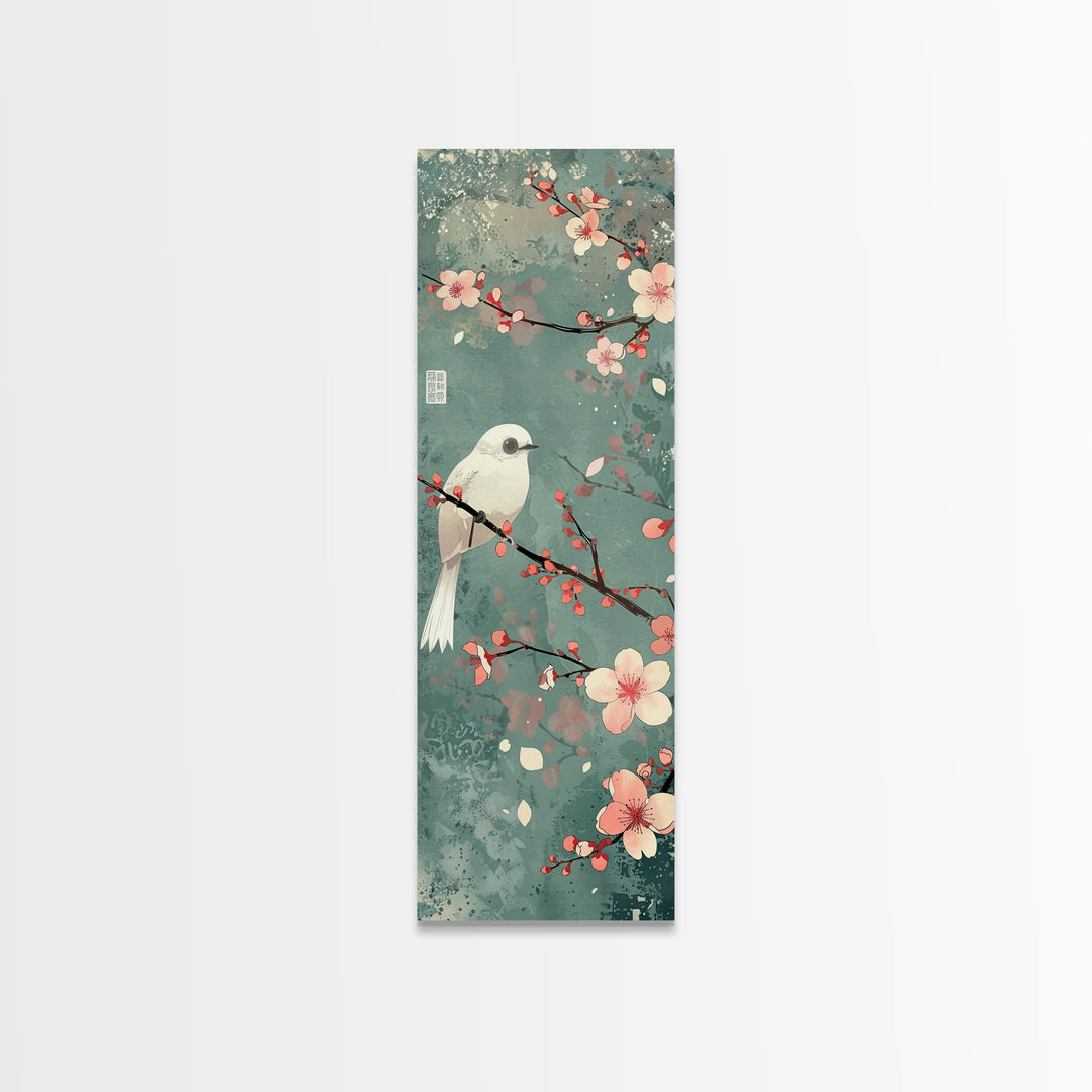 White Bird Perched On A Branch With Blossoms – Framed Canvas Print Combining Skinny Art And Tall Art Inspired By Ukiyo-E Art And Japanese Style Art