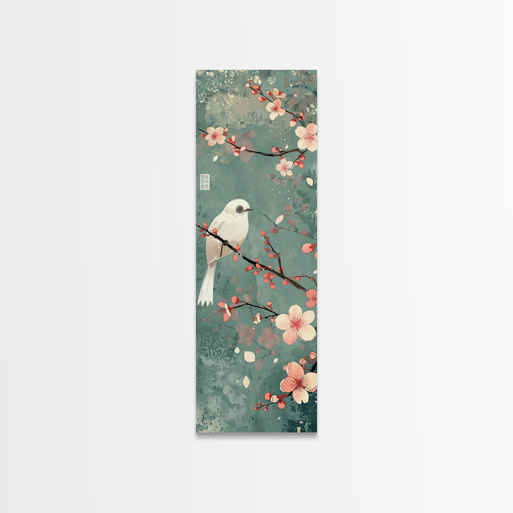 White Bird Perched On A Branch With Blossoms – Framed Canvas Print Combining Skinny Art And Tall Art Inspired By Ukiyo-E Art And Japanese Style Art