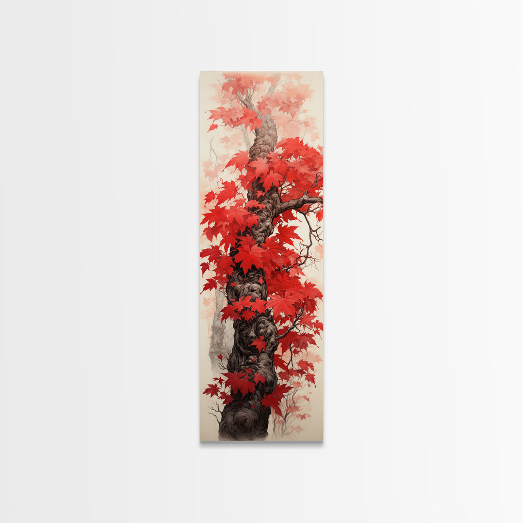 Skinny Art Tall Art Framed Canvas Print Japanese Style Art Wood Block Print Red Maple Leaves Tree Trunk Ukiyo-e Feng Shui Wall Art