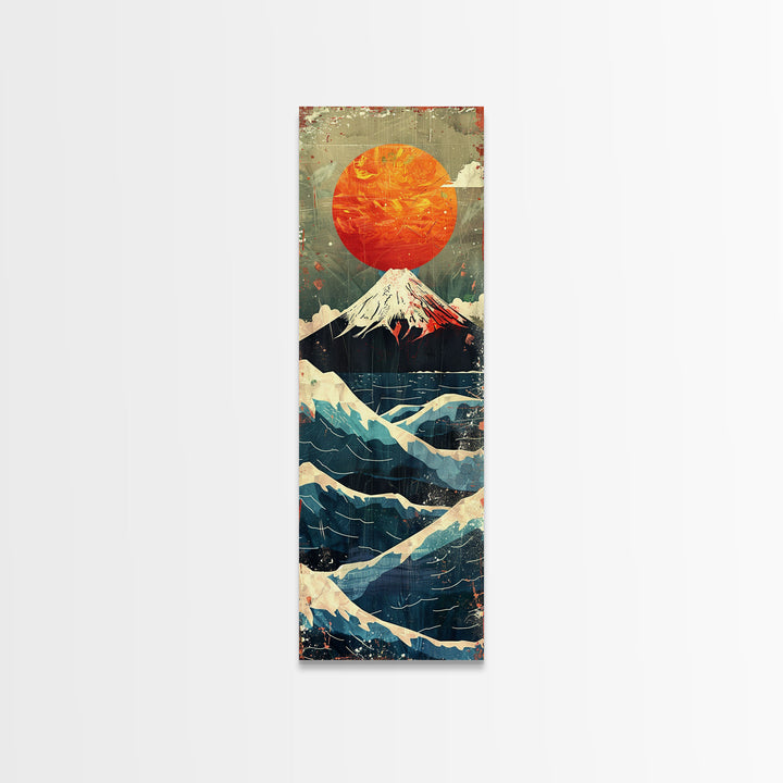 Skinny Art Tall Art Framed Canvas Print Japanese Style Art Mount Fuji Sunset Wood Block Print Ukiyo-e Feng Shui Wall Art