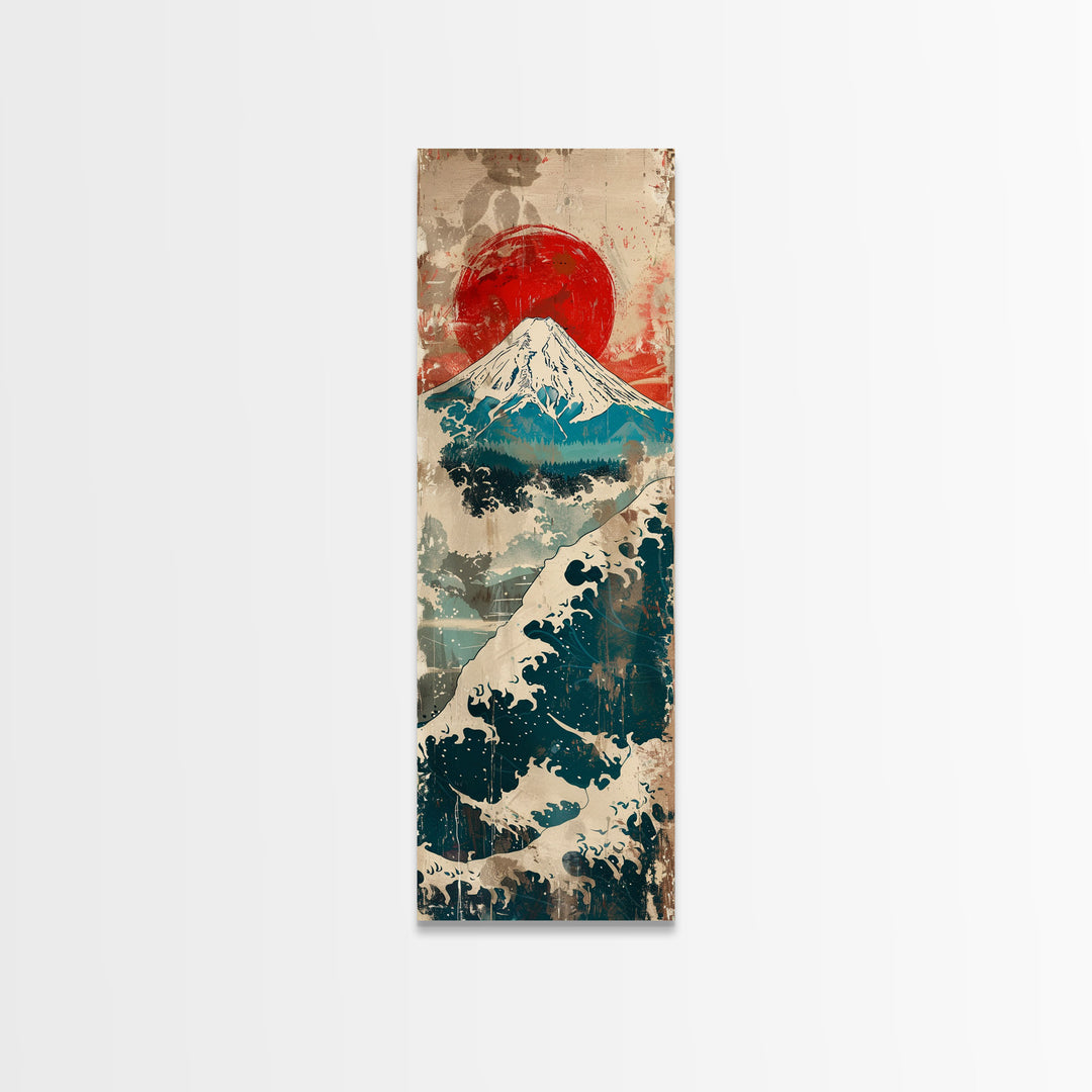 Skinny Art Tall Art Framed Canvas Print Japanese Style Art Retro Red Sun Mount Fuji Wood Block Print Ukiyo-e Feng Shui Wall Art