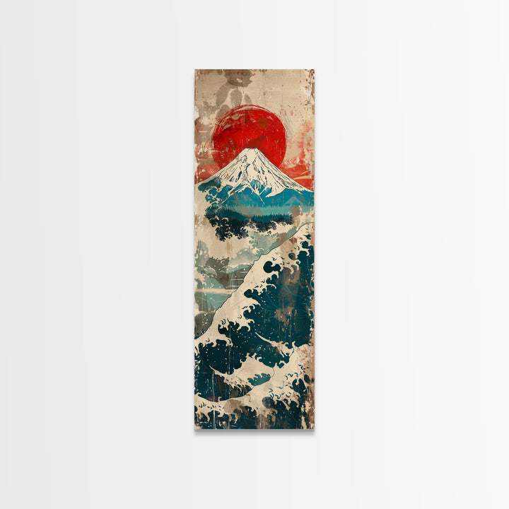 Skinny Art Tall Art Framed Canvas Print Japanese Style Art Retro Red Sun Mount Fuji Wood Block Print Ukiyo-e Feng Shui Wall Art