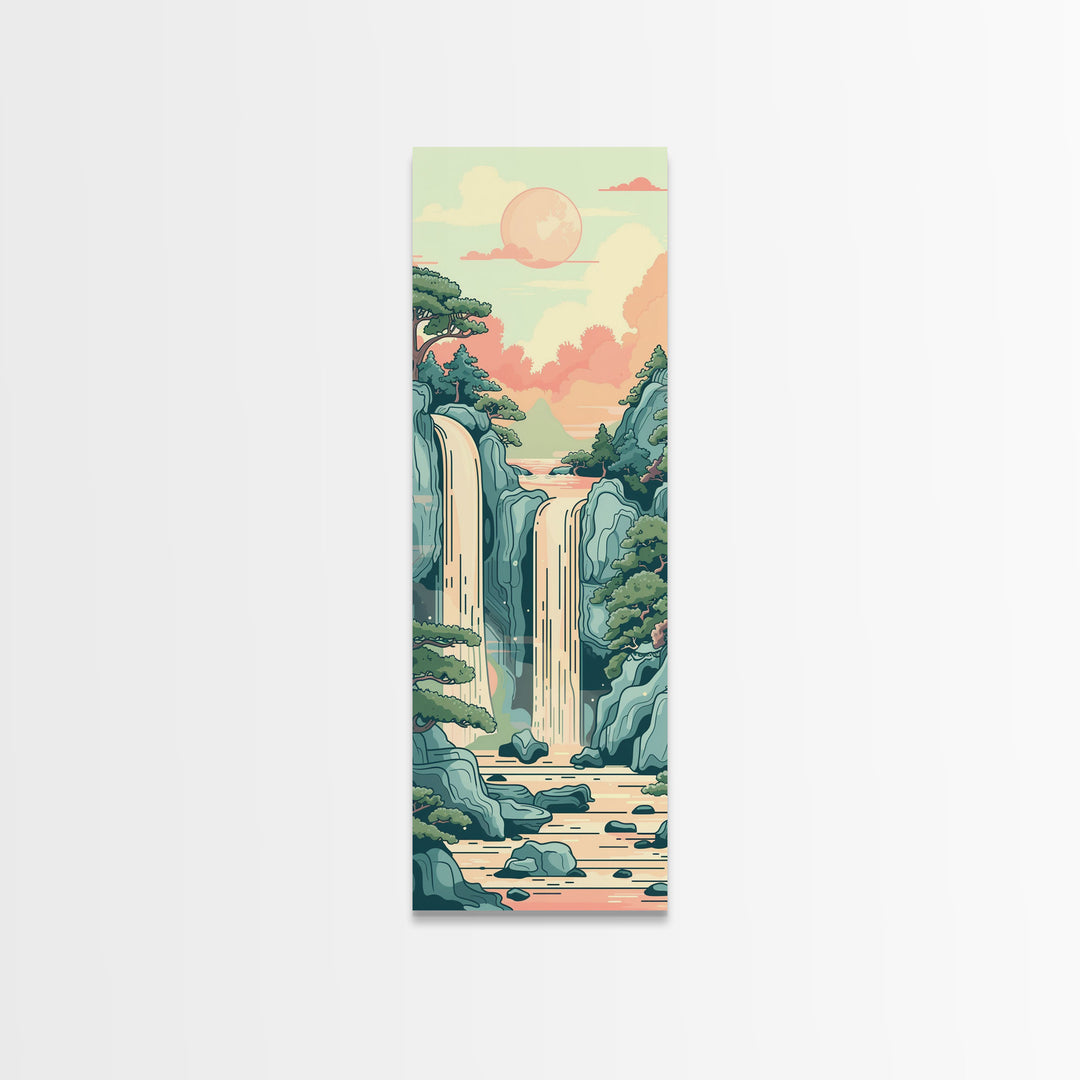 Waterfall With Scenic Landscape - Skinny Art Tall Art Framed Canvas Print Japanese Style Art Ukiyo-e Art