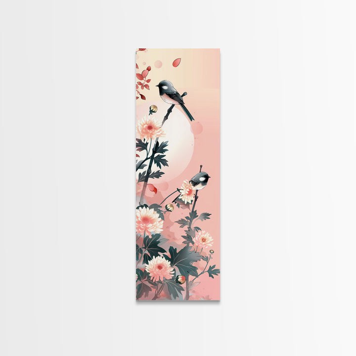 Tall Skinny Art Japanese Style Wood Block Print Birds On Branches Against A Soft Background For Framed Canvas Print In Ukiyo-e Style