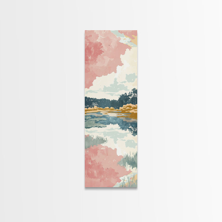 Tall Skinny Art Japanese Style Wood Block Print Serene Lake Scene With Pastel Reflections For Framed Canvas Print In Ukiyo-e Style