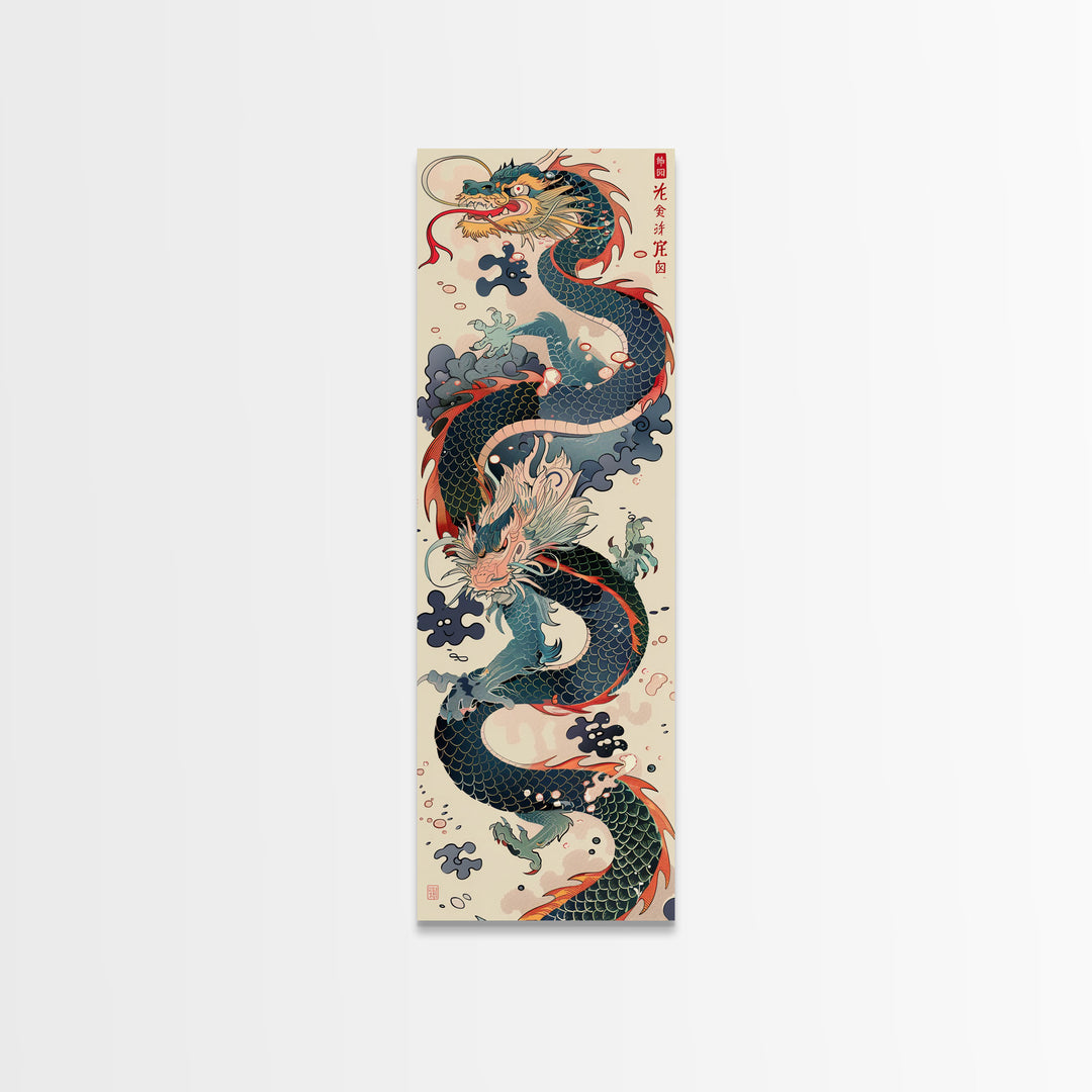 Tall Skinny Art Japanese Style Wood Block Print Dynamic Dragon In Traditional Colors On A Cream Background For Framed Canvas Print