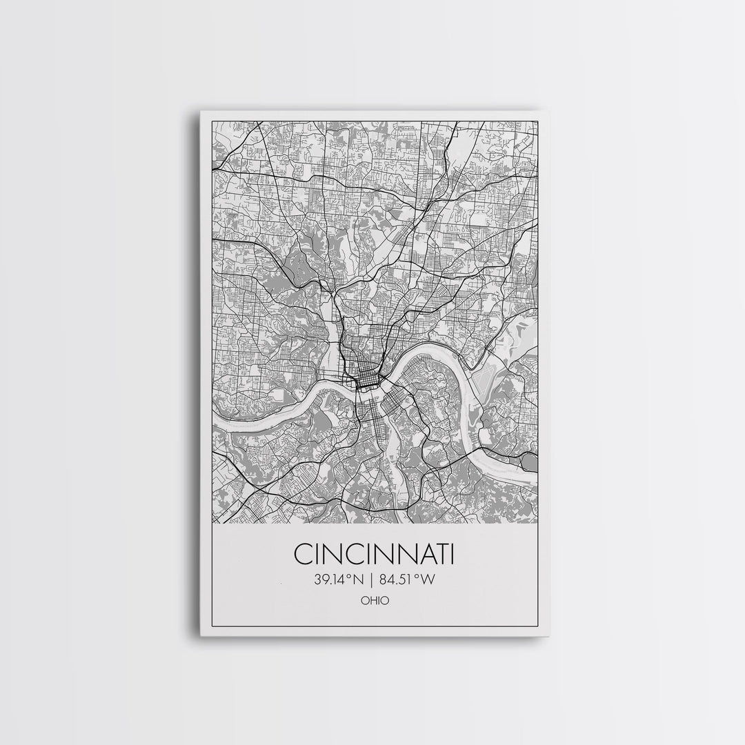 Cincinnati Street Map, Ohio Map, City Map Art, Minimalist Art, Wall Art, Canvas Print, Canvas Wall Art, Travel Wall Art, Birthday Gift