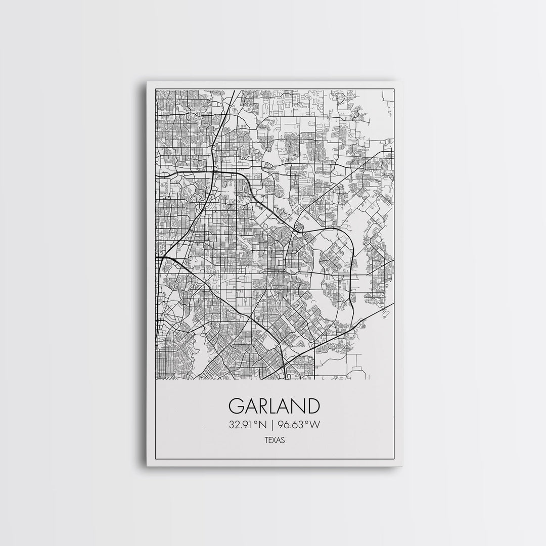 Garland Street Map, Texas Map, City Map Art, Minimalist Art, Wall Art, Canvas Print, Black And White Map, Travel Wall Art, Gift For Her