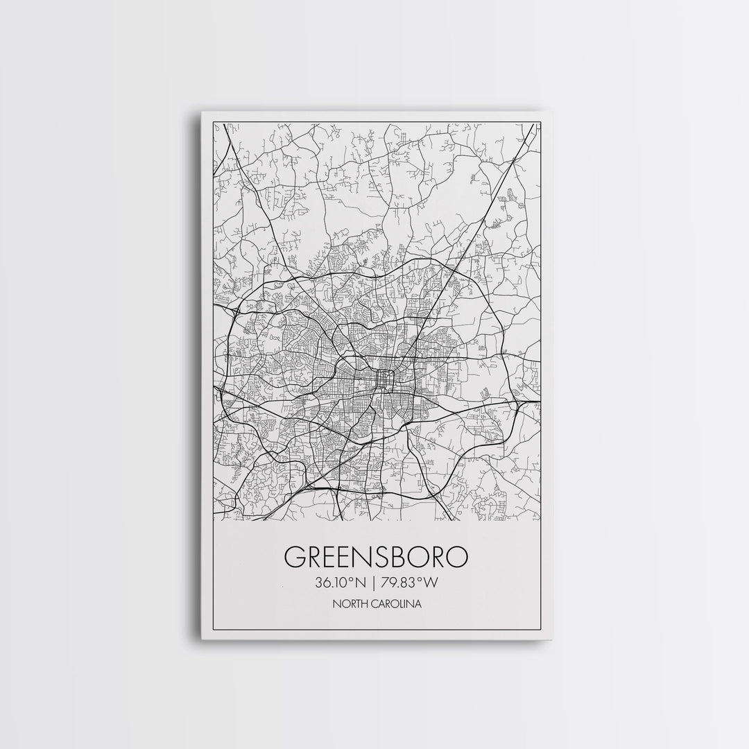 Greensboro Street Map, North Carolina Map, City Map Art, Minimalist Art, Wall Art, Canvas Print, Black And White, Unique Art, Traveler Gift