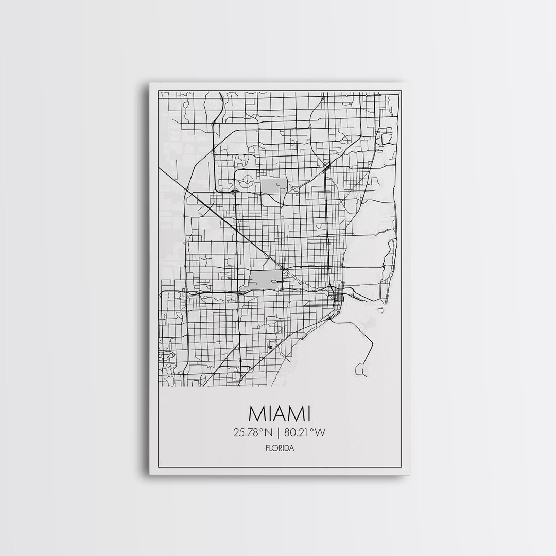 Miami Street Map, Florida Map, City Map Art, Modern Art, Wall Art, Canvas Print, Gift For Mom, Bedroom Wall Décor, Travel Wall Art