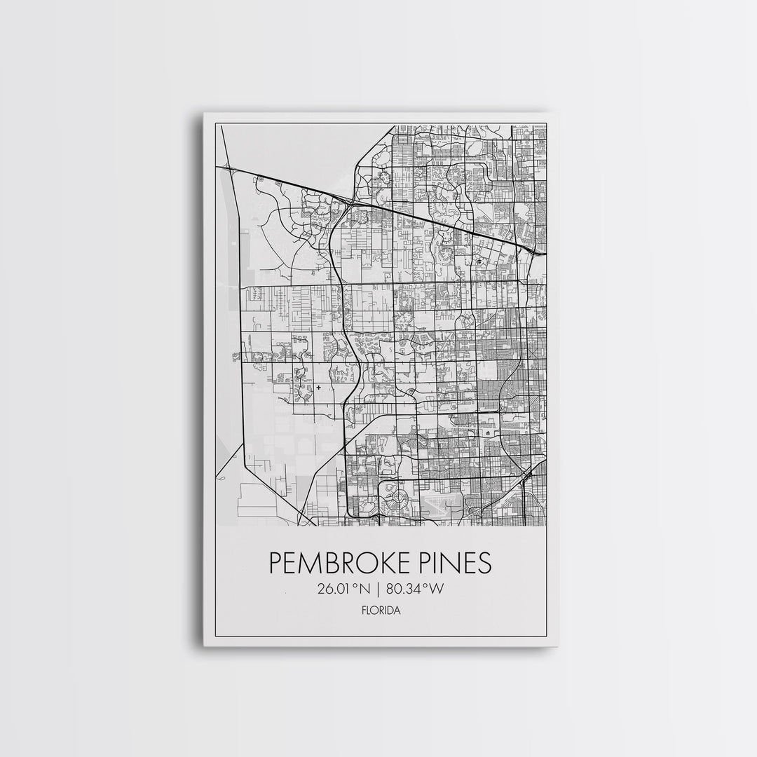 Pembroke Pines Street Map, Florida Map, City Map Art, Minimalist Art, Wall Art, Canvas Print, Home Décor Wall Art, Wedding Gift, Travel Art