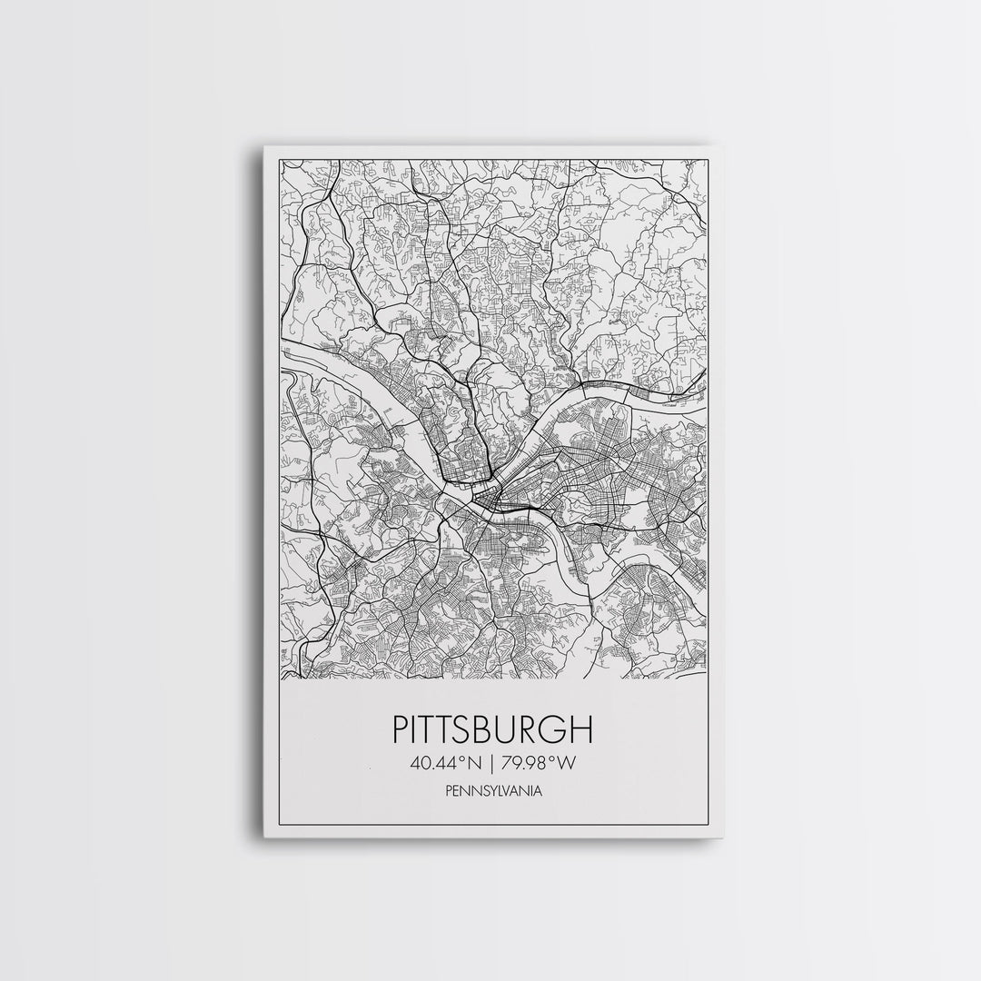 Pittsburgh Street Map, Pennsylvania Map, City Map Art, Minimalist Art, Wall Art, Canvas Print, Living Room Art, Birthday Gift, Travel Décor