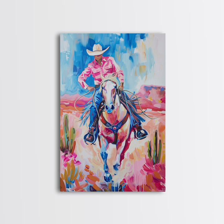 Vibrant Cowboy Riding Horse - Colorful Western Art, Framed Canvas Print, Living Room Decor, Cowboy Painting, Desert Wall Art