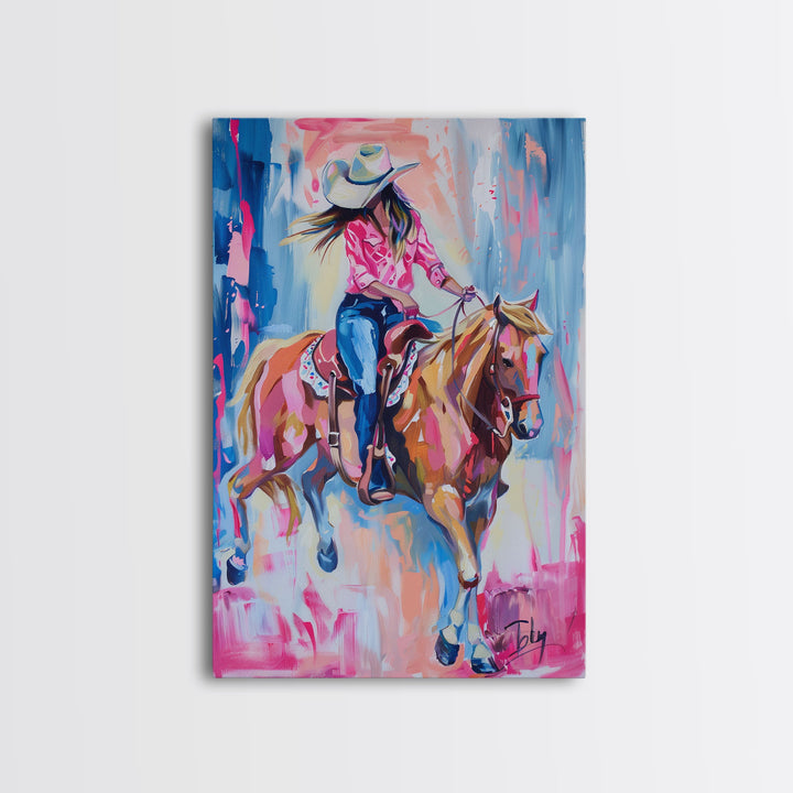 Stylish Cowgirl Riding Horse - Colorful Western Art, Framed Canvas Print, Living Room Decor, Cowgirl Painting, Vibrant Wall Art